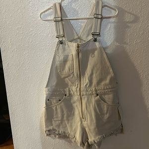 Free People. Bet light blue wash jean overall shorts.